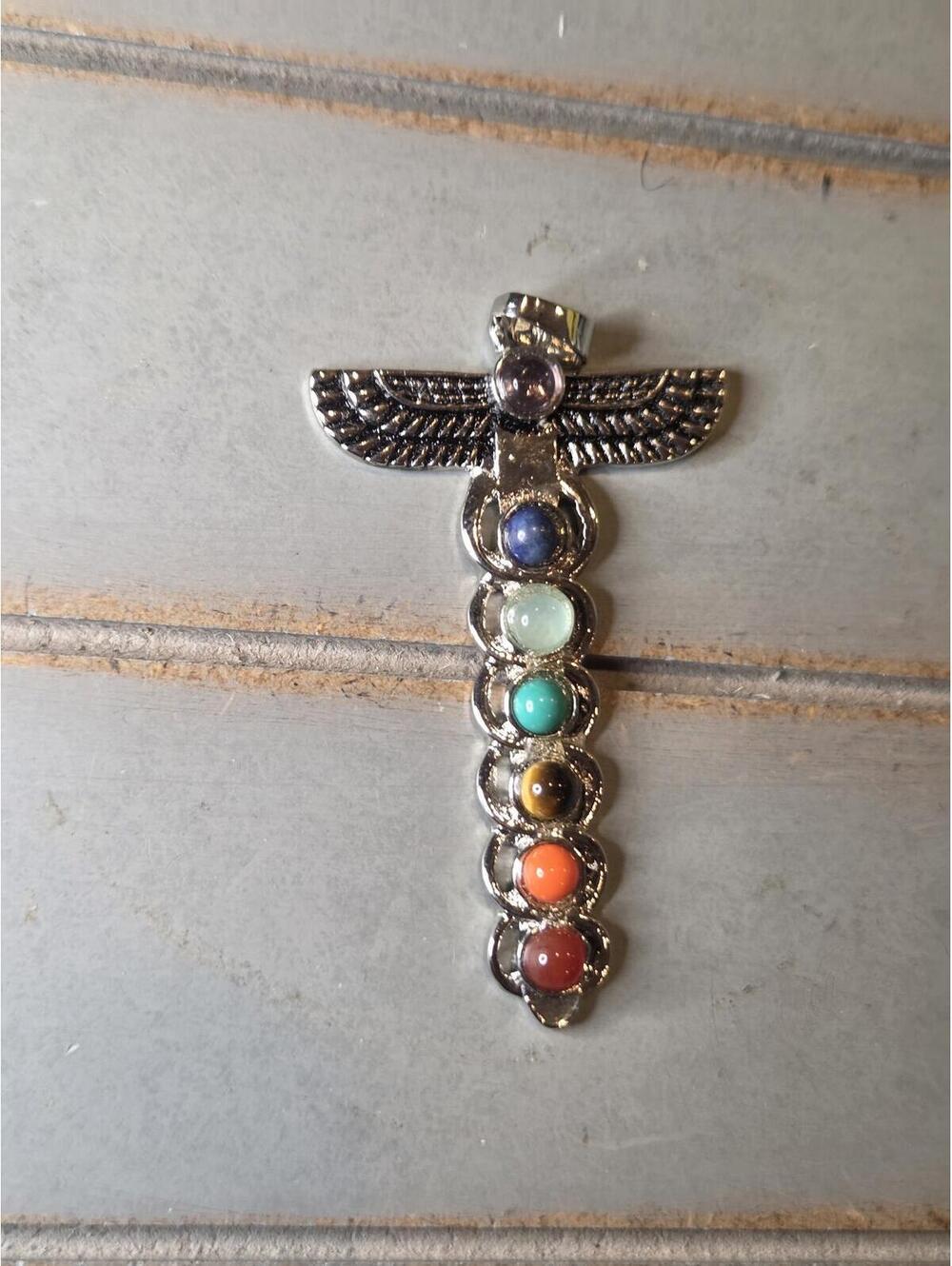Silver Tone Multicolor Stone Winged Totem Pendant Charm